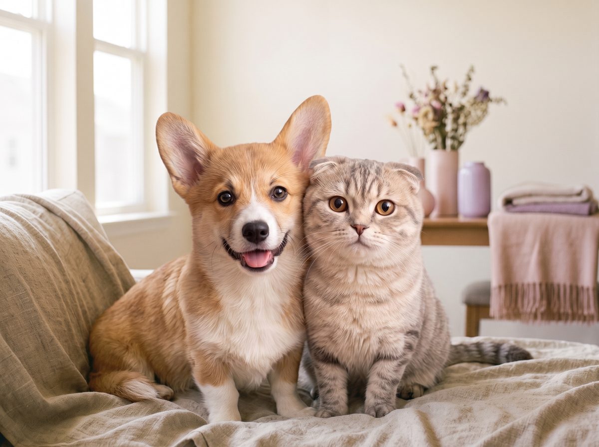 Lowki, a corgi, sitting shoulder to shoulder with Roofy, a grey tabby Scottish Fold cat, on a linen sofa