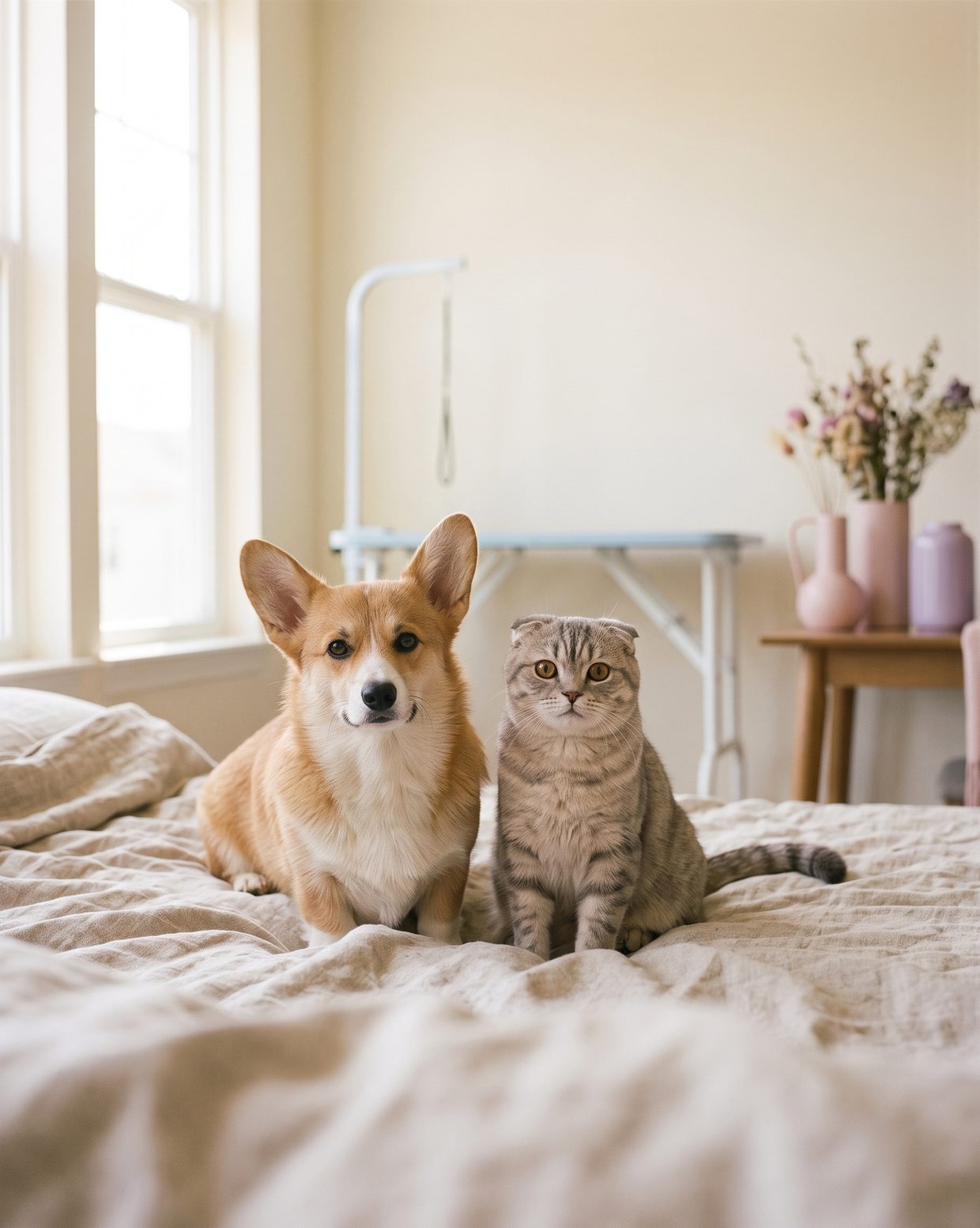 Lowki, a corgi, sitting beside Roofy, a grey tabby Scottish Fold cat, in a bright room