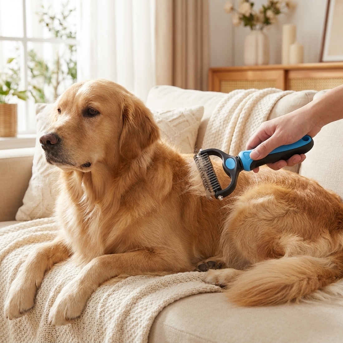 The comb being used to brush a golden retriever