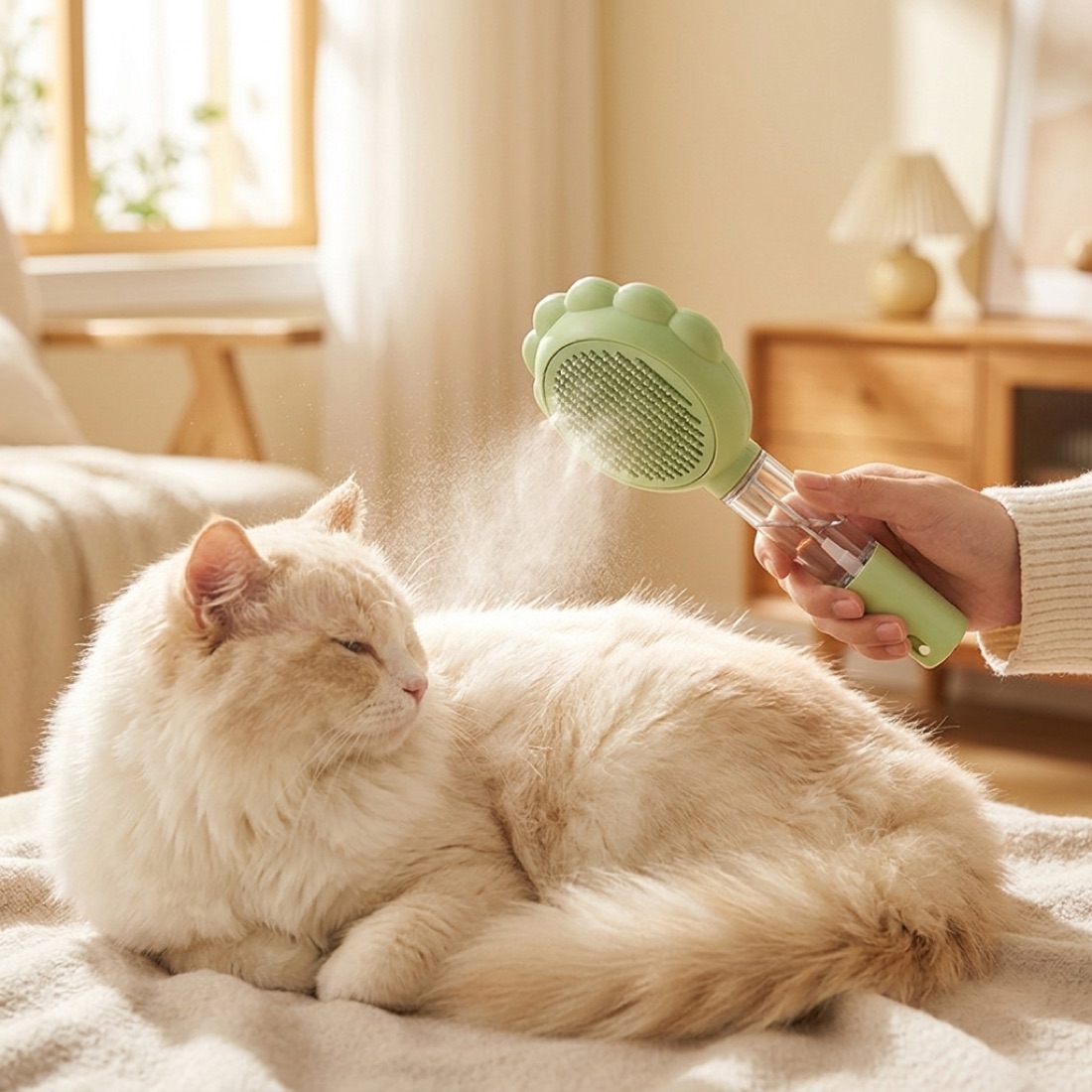The comb misting and brushing a long-haired cat