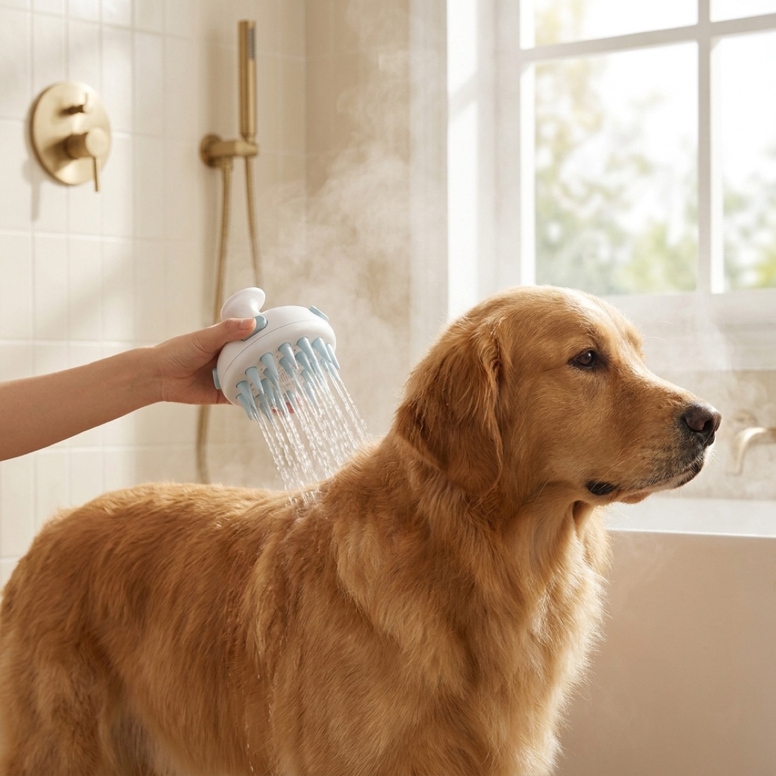 The shower head being used to rinse a golden retriever