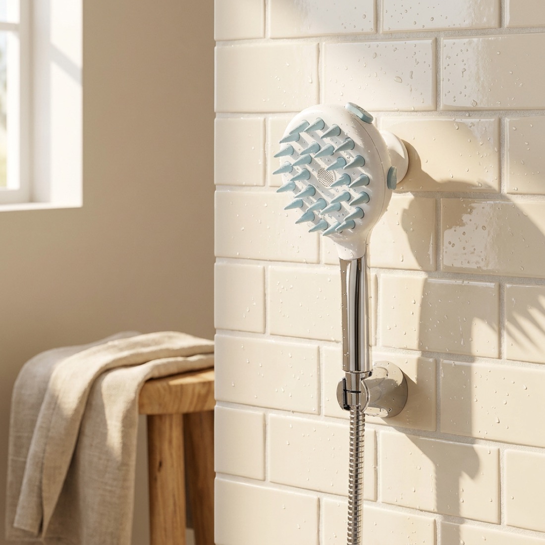 The shower head mounted on a hose in a bright bathroom