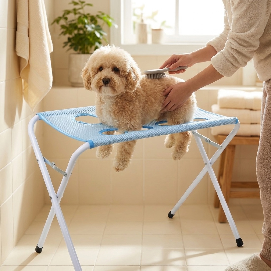 A calm dog standing in the stand being brushed