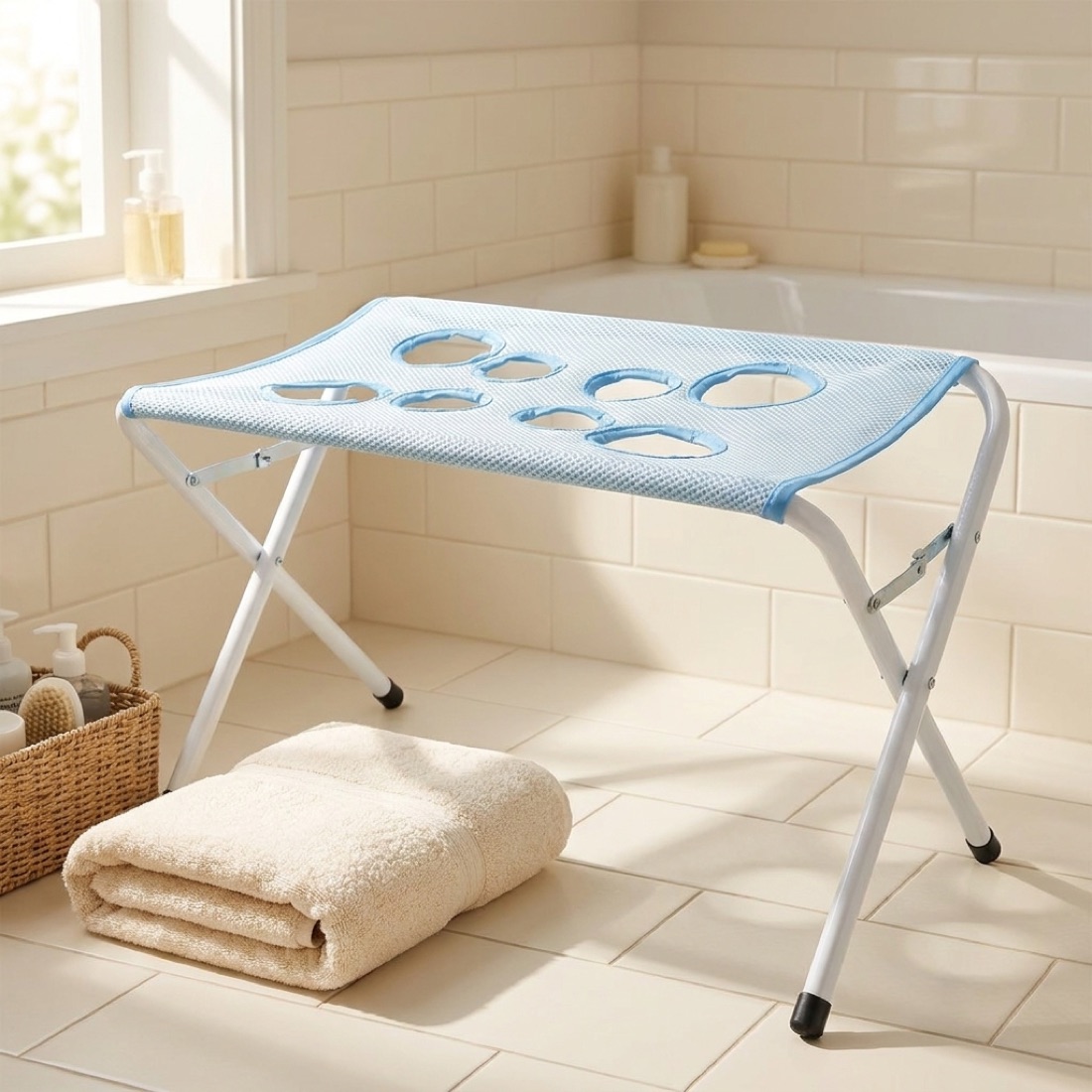 The stand set up in a bright bathroom ready for bath day