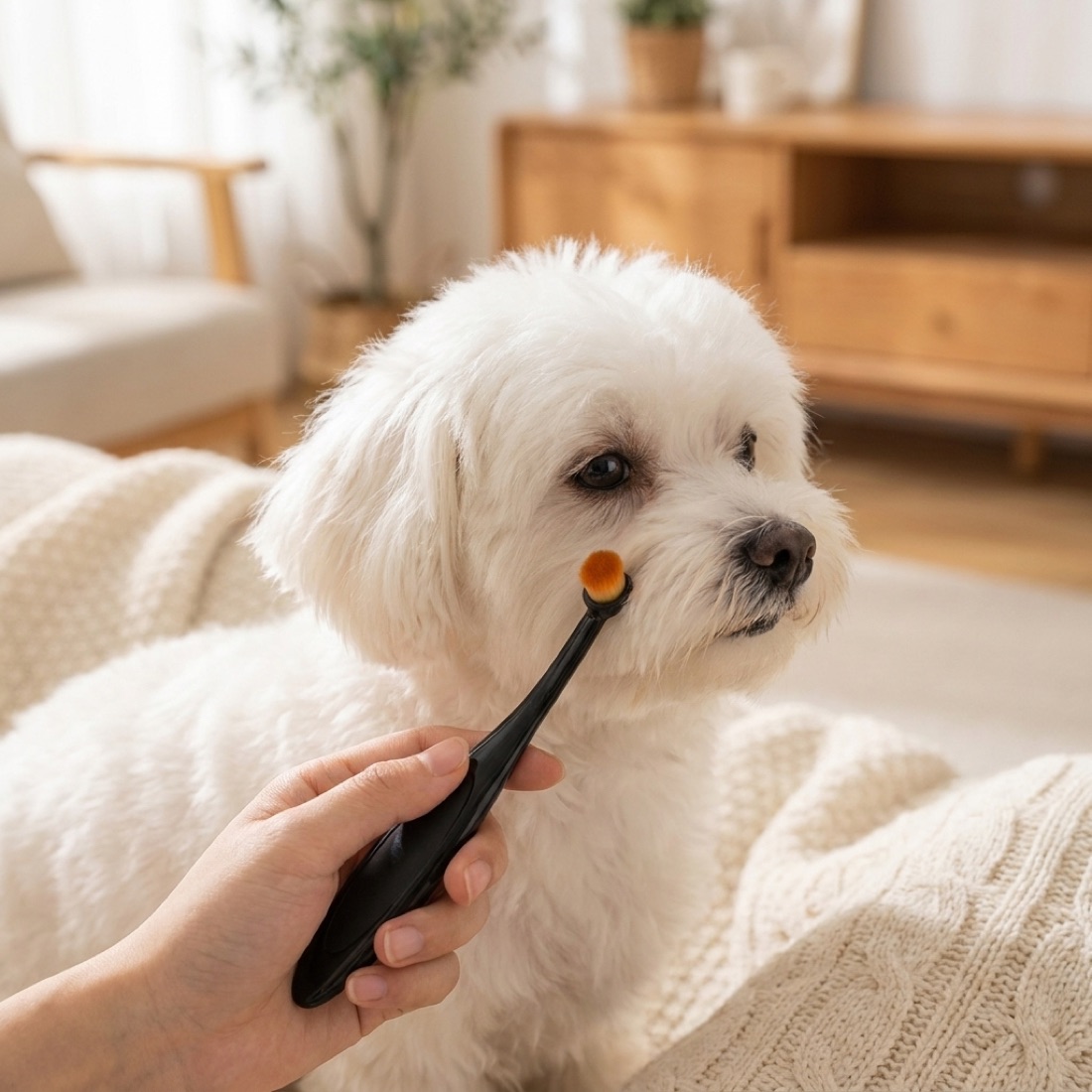 The brush being used gently on a small dog’s facial fur