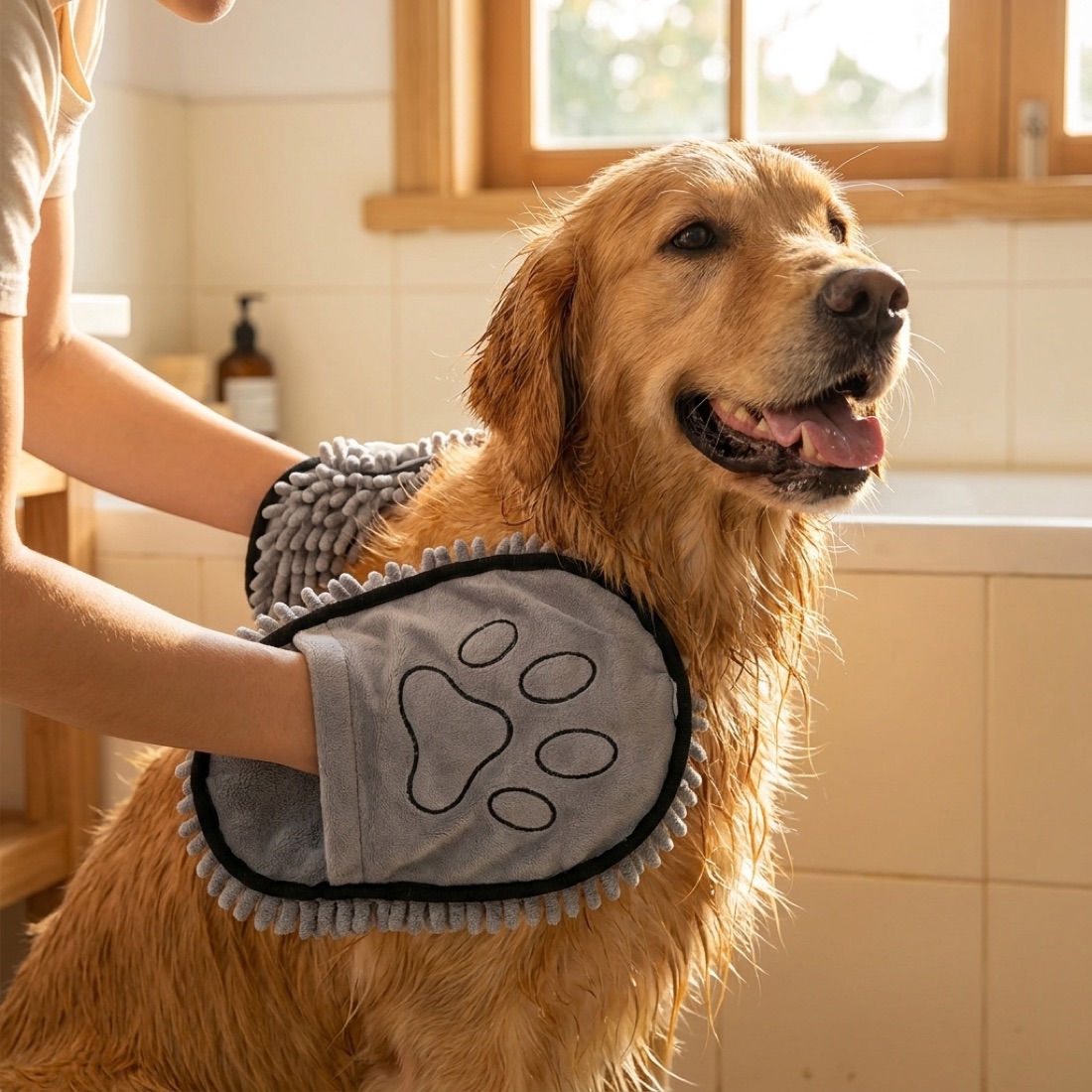 The towel being used to dry a happy wet golden retriever