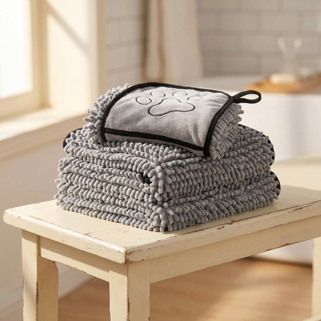 Three towels folded in a stack on a bathroom bench