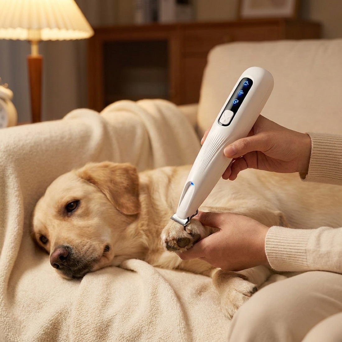 The trimmer being used on a dog’s paw fur with the LED on
