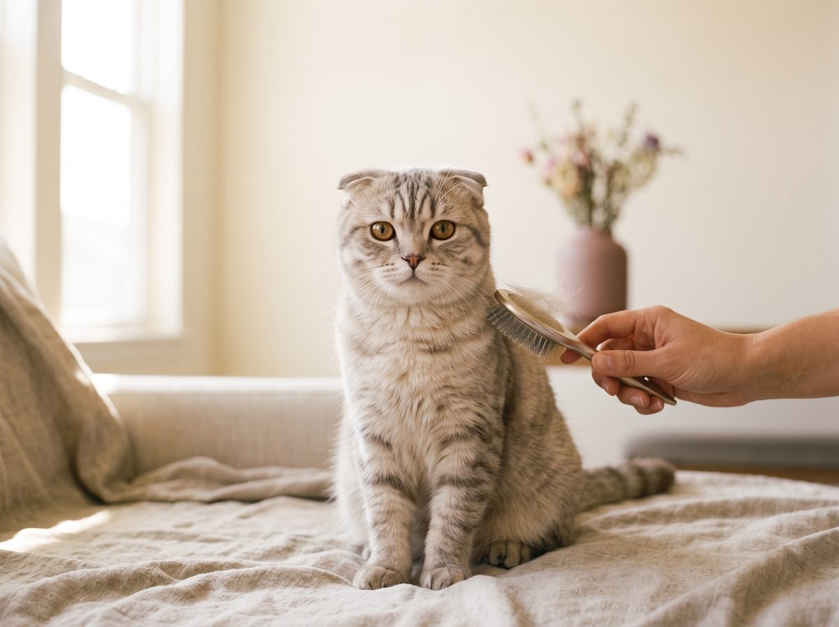 Roofy, a grey tabby Scottish Fold cat, sitting calmly on linen while she is brushed, with shed fur gathering in the brush